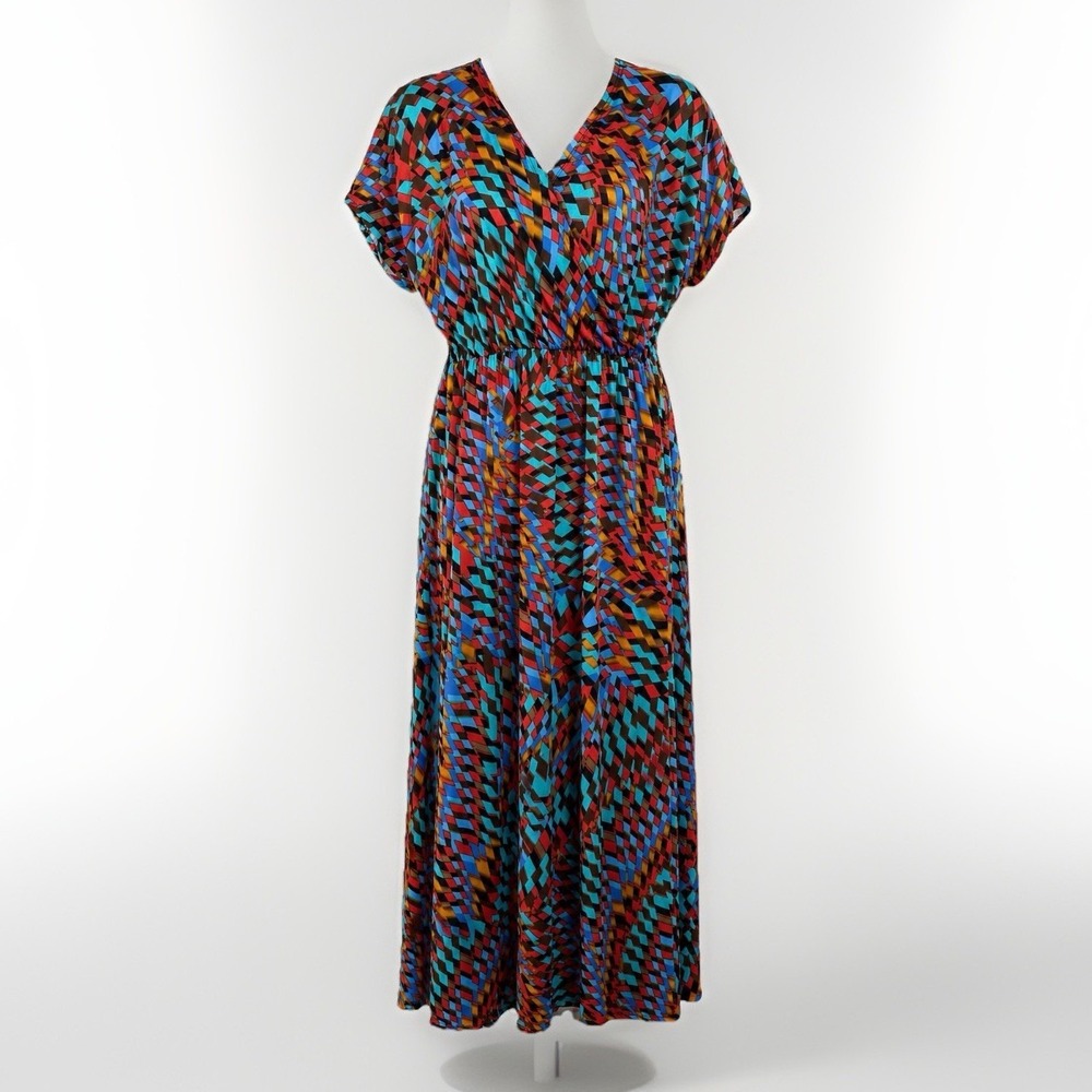 Plus Size Flirty Pink Geometric Maxi Dress 3X Boho Festival Colorful Stretch Art